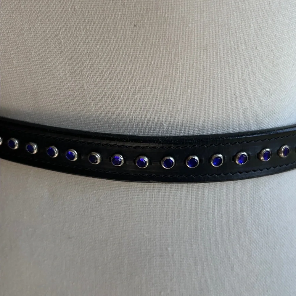 Black Leather Belt with Cobalt  Blue Accents Rhinestone Silver Tone Size 28